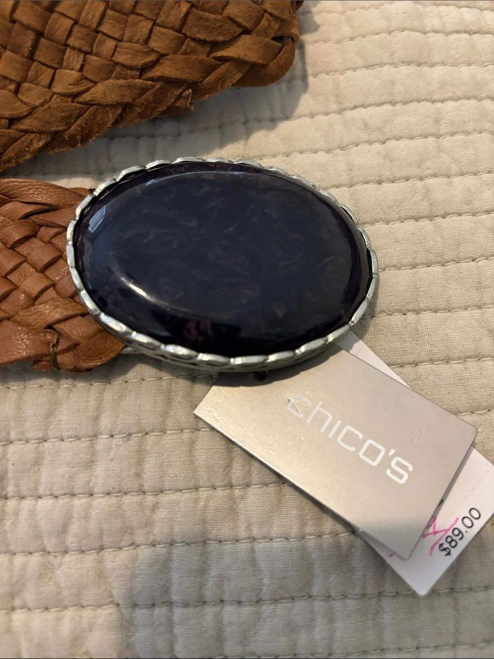 Chico's Braided Leather Obi Belt in Cognac